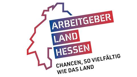 Logo "Arbeitgeber Land Hessen" Schriftzug "Arbeitgeber Land Hessen - Chancen, so vielfältig wie das Land" vor dem Umriss des Landes Hessen