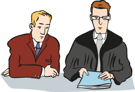 Der Mann im schwarzen Mantel hat Recht studiert. Er sitzt mit seinem Kunden im Gerichts-Saal.