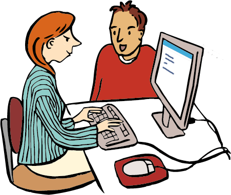 Eine Frau am Computer schreibt, was ein Mann ihr sagt.